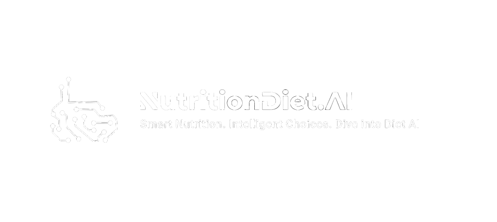 Beslenme Diyeti AI logosunu minimalist beyaz bir tasarımla gösteren ve yapay zeka destekli gelişmiş beslenme anlayışlarını ve önerilerini simgeleyen illüstrasyon.